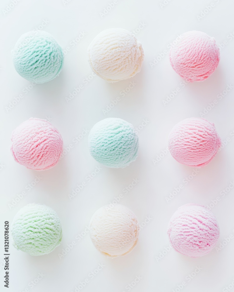 Pastel Ice Cream Scoops Pattern on White Background, Top View Pastel Ice Cream Scoops Pattern on White Background, Top View