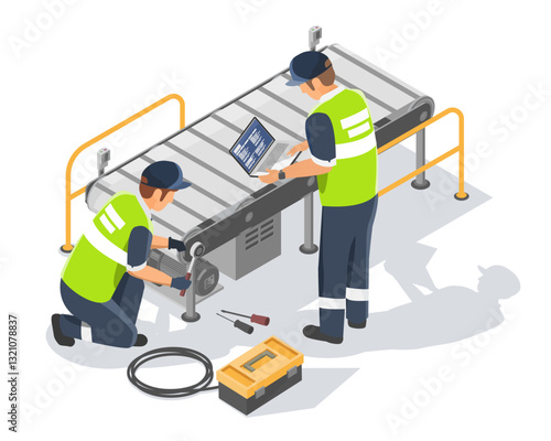 Industrial Technician Adjusting Conveyor Belt Mechanical Maintenance concept isometric isolated