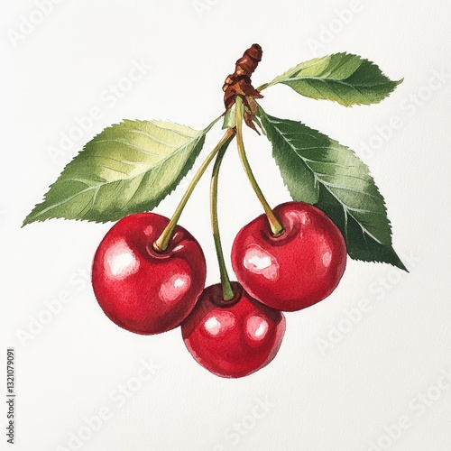Watercolor painting of three cherries on a branch