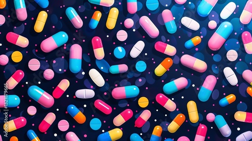 A colorful and vibrant abstract pattern of pills and capsules scattered against a dark blue background, creating a visually striking and modern design.