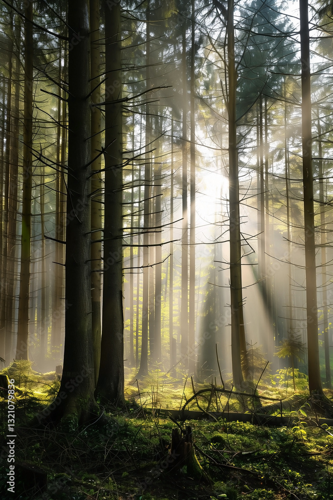 Fototapeta premium A dense forest scene with tall, slender trees reaching towards the sky, illuminated by shafts of sunlight that penetrate the canopy, creating a magical and peaceful atmosphere. The ground is covered
