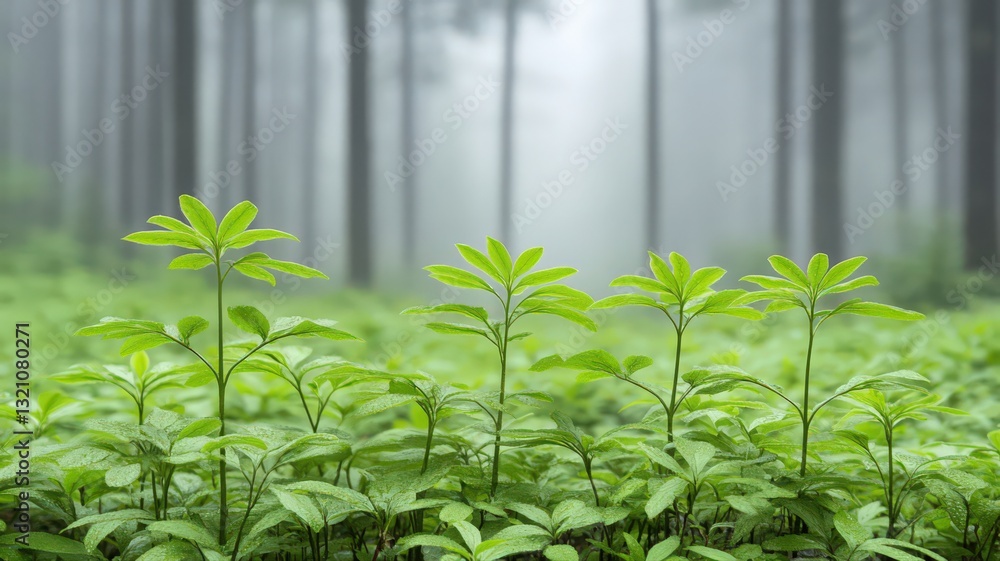 Lush Green Seedlings in a Misty Forest Lush Green Seedlings in a Misty Forest