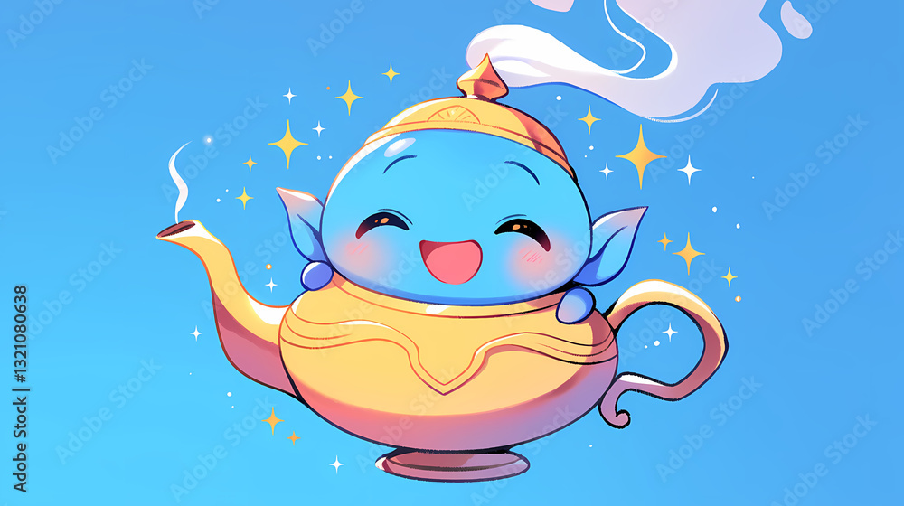 Fototapeta Cheerful animated genie emerging from a magical teapot with sparkling effects against a blue sky