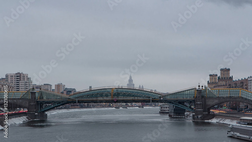 Canvas Print Pedestrian Bogdan Khmelnitsky Bridge timelapse hyperlapse in Moscow, Russia