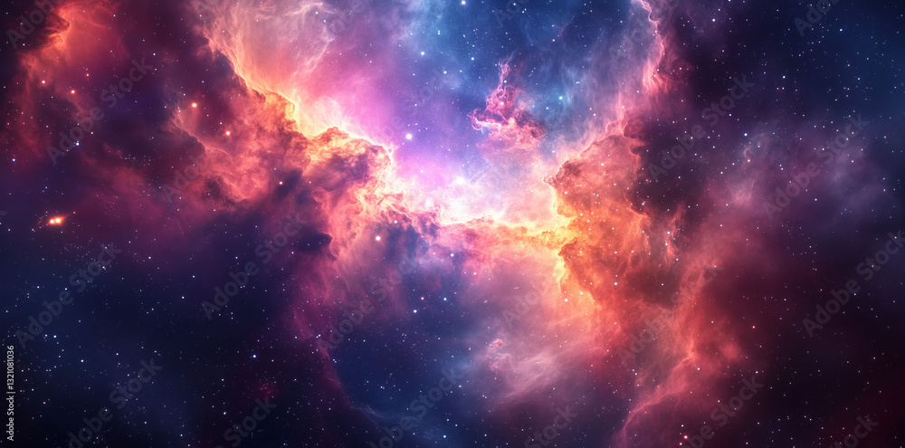 Fototapeta premium A vibrant nebula ignites the cosmos with swirling hues of pink, purple, and gold. Ethereal clouds of gas and dust form a celestial masterpiece, illuminated by distant stars in deep space.
