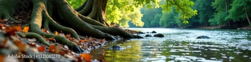 Tree roots exposed on the riverbank with water flowing by, tree roots, river flow, wood texture