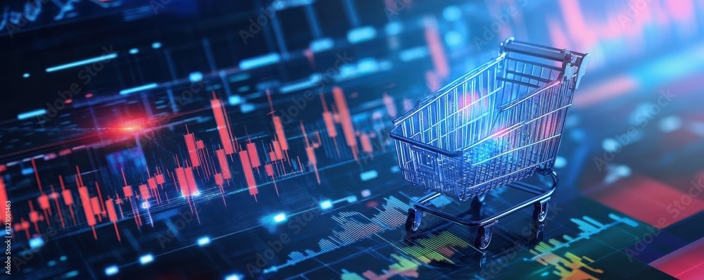 Shopping cart amidst financial stock charts and data visualization Shopping cart amidst financial stock charts and data visualization