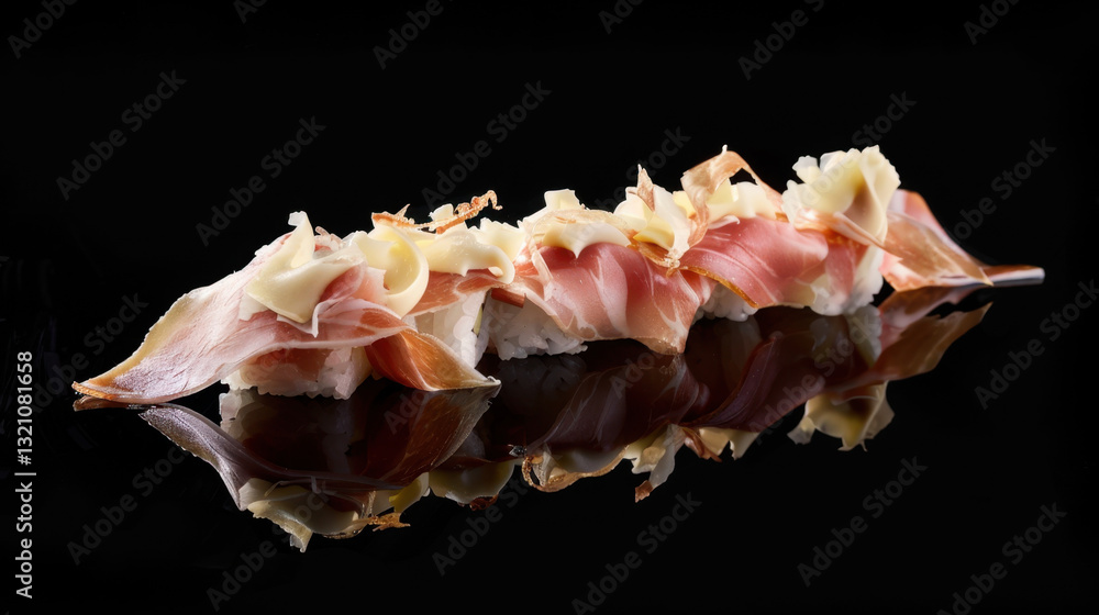 sushi roll topped with cheese and prosciutto sushi roll topped with cheese and prosciutto