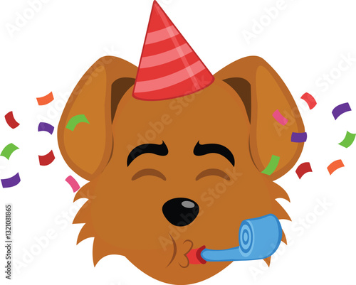 vector illustration emoji character face dog cartoon, with a party hat, serpentine and falling confetti paper