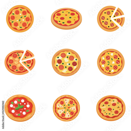 vector illustration set of pizzas with unique ingredients and toppings on white background