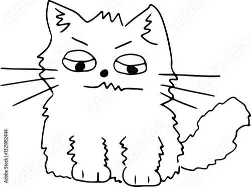 a disgruntled shaggy cat sits with its eyes half-closed and looks angrily