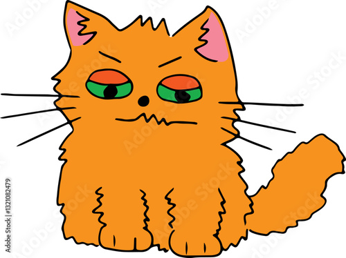 A disgruntled shaggy ginger cat sits with its eyes half-closed and looks angrily