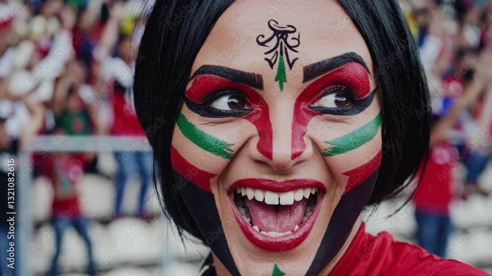 Excited Libyan woman with artistic face paint in Libya national colors cheering at a sports stadium, passionate football supporter
Excited Libyan woman with artistic face paint in Libya national colors cheering at a sports stadium, passionate football supporter