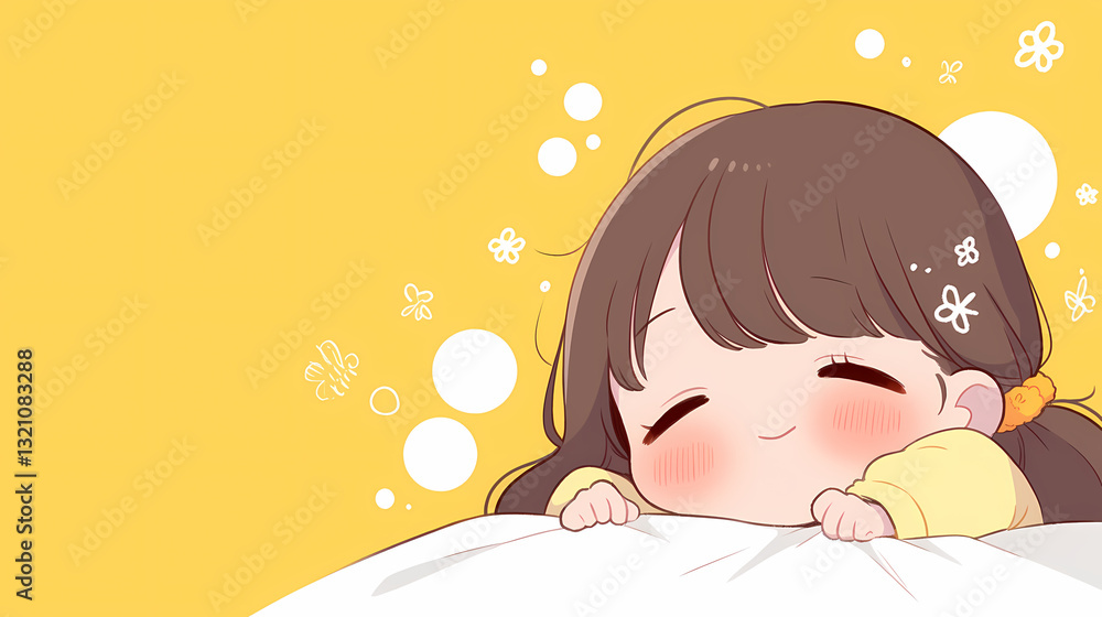 Cute animated girl with brown hair peacefully sleeping on a pillow against a cheerful yellow background Cute animated girl with brown hair peacefully sleeping on a pillow against a cheerful yellow background