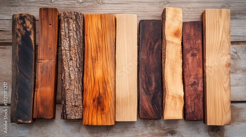 Assorted Wood Samples Variety of Hardwoods, Textures, and Wood Grain on a Rustic Wooden Background