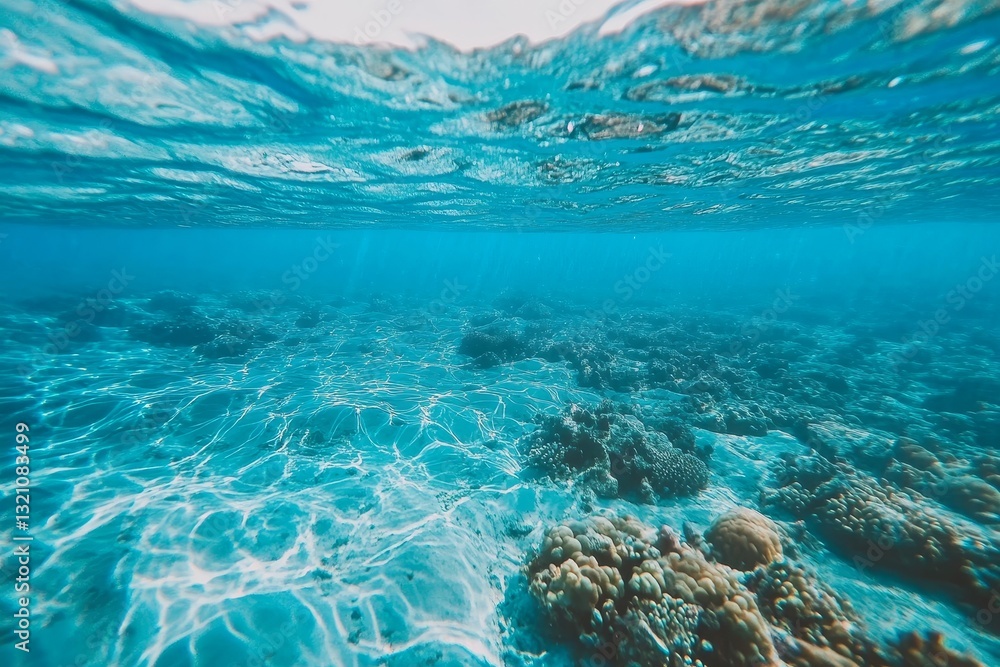 Fototapeta premium Underwater View of Clear Blue Ocean with Vibrant Coral Reef