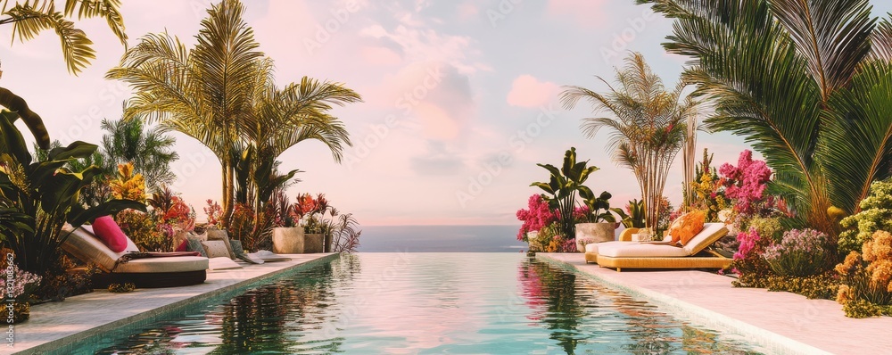 Fototapeta premium Luxurious tropical poolside at sunset with palm trees and ocean view