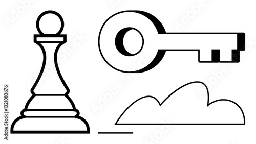 Chess pawn, vintage key, and cloud outline emphasize strategic thinking, security, and digital innovation. Ideal for strategy, success, decision-making, security technology communication cloud