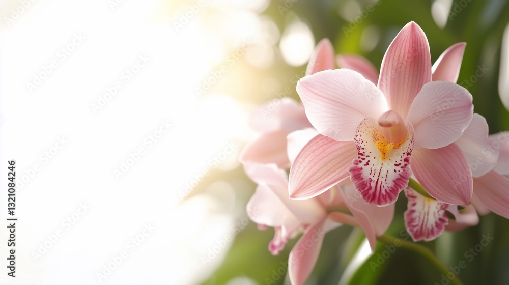 Obraz premium Delicate pink orchids bask in sunlight, showcasing intricate details