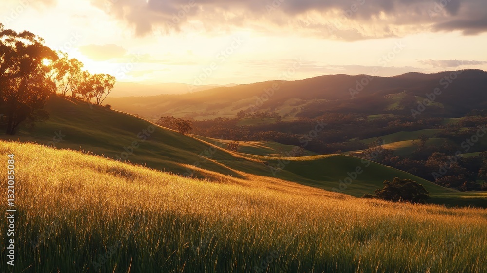Golden Hour Glow over Rolling Hills A Serene Landscape at Sunset. Golden Hour Glow over Rolling Hills A Serene Landscape at Sunset.