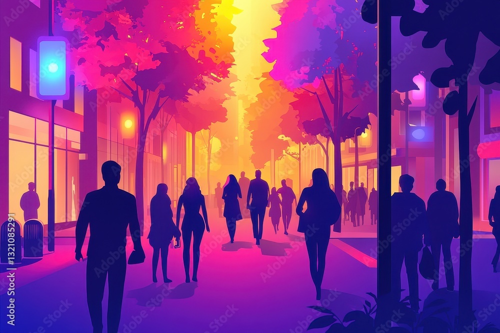 Fototapeta premium Vibrant City Street at Dusk with Silhouetted Pedestrians Walking