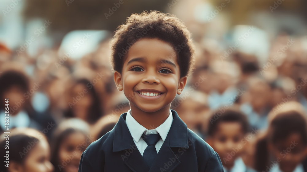 Confident African American boy in school uniform stands out among joyful peers in urban setting Confident African American boy in school uniform stands out among joyful peers in urban setting