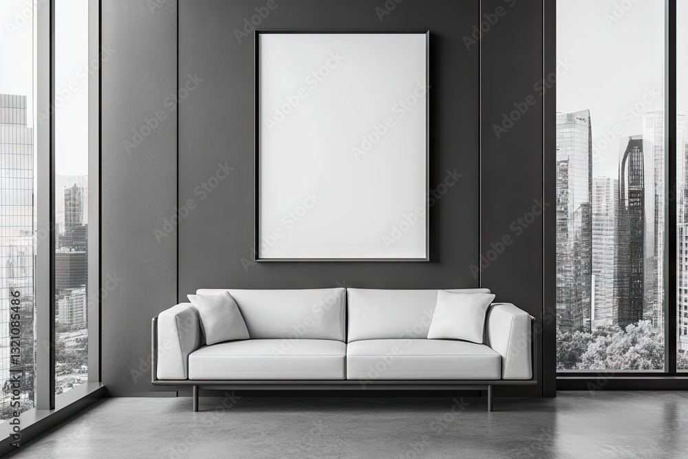 Fototapeta premium Modern minimalist interior featuring a blank canvas, a white sofa, and city view