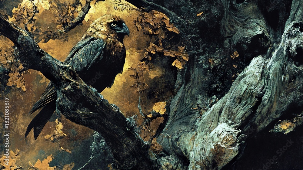 Fototapeta premium Majestic Hawk Perched on Ancient Tree