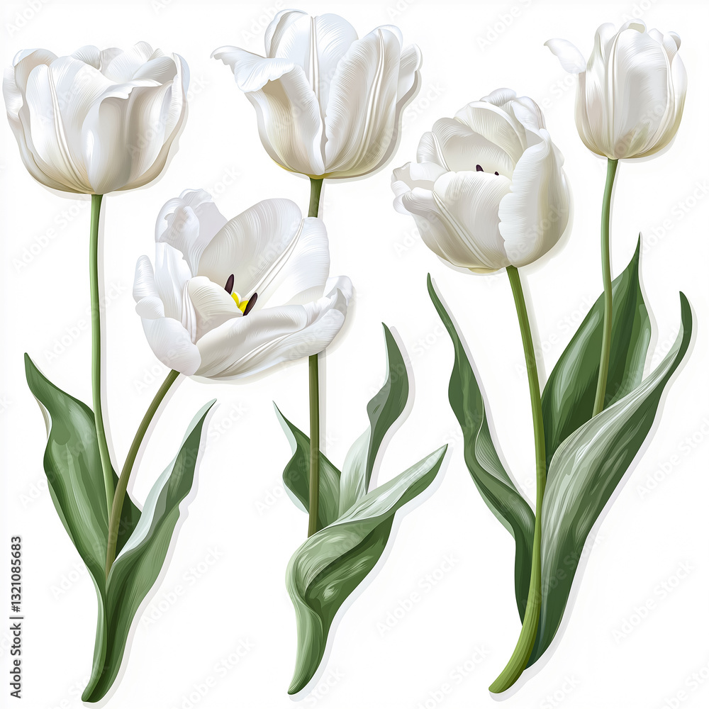 Perfect for floral design projects, wedding invitations, or any clean aesthetic requiring elegant white tulip illustrations Perfect for floral design projects, wedding invitations, or any clean aesthetic requiring elegant white tulip illustrations
