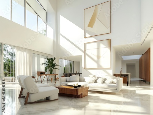 Modern, sun-drenched living room, open-plan, tropical view