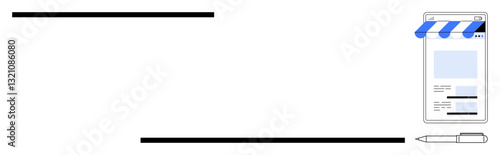 Smartphone displaying an online shop with awning detail and form fields, pen below for offline connection, horizontal lines suggesting structure. Ideal for ecommerce, creativity, organization
