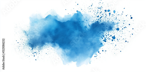 A delicate yet bold abstract blue watercolor splash with soft gradients and dynamic splatters. The fluid composition exudes movement and creativity against a crisp white background.