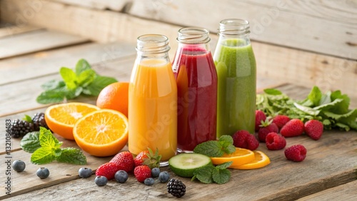 A vibrant assortment of fresh fruit juices in glass bottles, including orange, strawberry, and green blends, arranged with their respective fruits and mint leaves on a wooden surface. This image conve