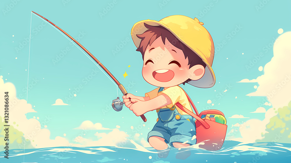 Happy child fishing in a sunny lake, wearing a yellow hat and overalls, surrounded by nature