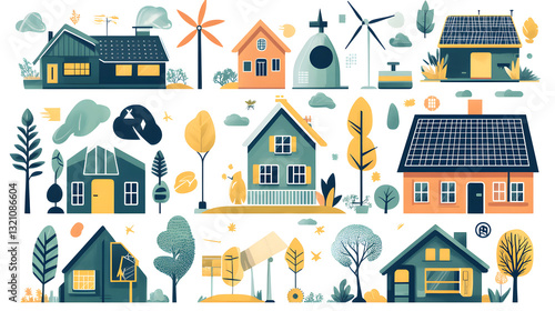 Pictogram set of sustainable architecture and energy solutions including solar power, wind energy, and eco-friendly homes.
