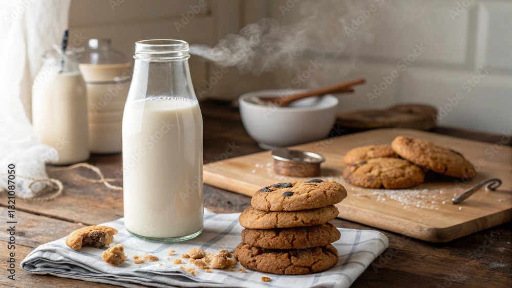 Classic combination of milk and cookies presented in a cozy, rustic setting. Ideal image for themes of traditions, snacks, and comforting food.
Classic combination of milk and cookies presented in a cozy, rustic setting. Ideal image for themes of traditions, snacks, and comforting food.