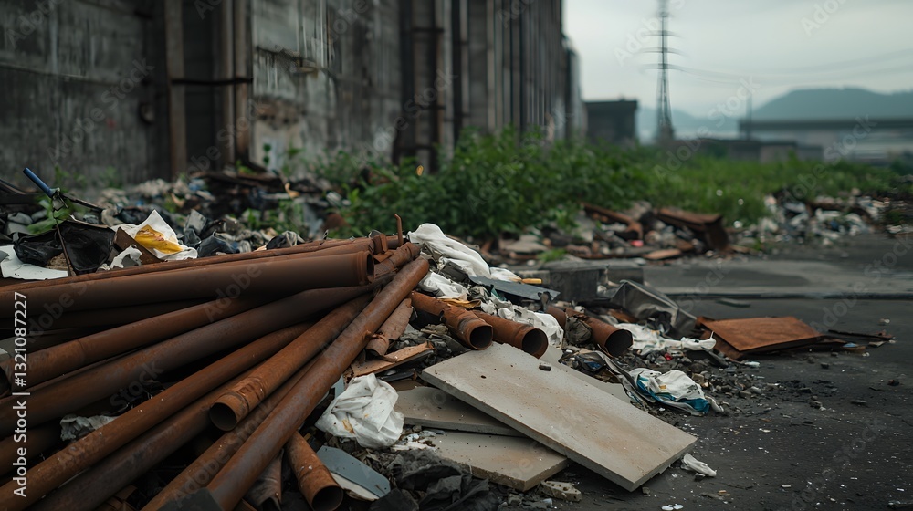 Obraz premium Close Up of Waste Pile Accumulated Near Crumbling Factory Structures with Overgrown Grass