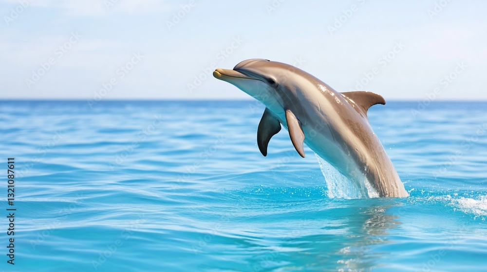 Naklejka premium Dolphin leaping from ocean, clear sky