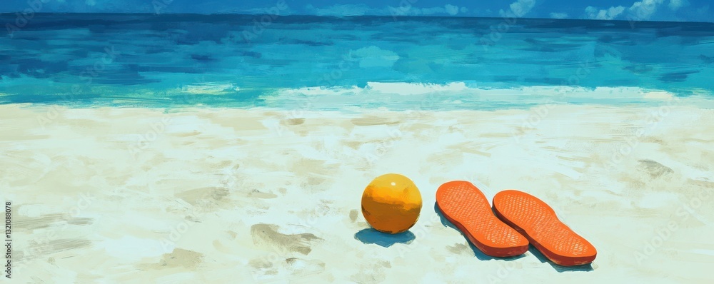 Serene beach scene with orange flip-flops and ball on sandy shoreline with blue ocean waves