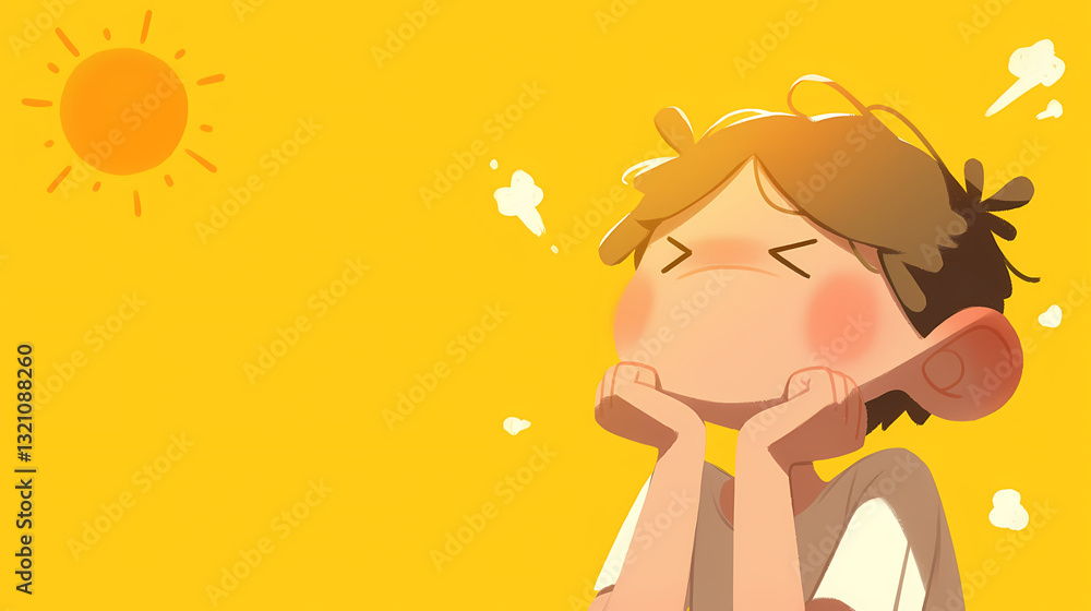A cheerful child enjoying a sunny day, with a bright yellow background and a glowing sun above A cheerful child enjoying a sunny day, with a bright yellow background and a glowing sun above