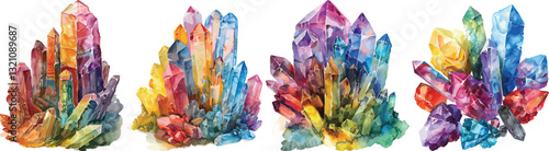 Watercolor Crystal Clusters Vector Illustration on White Background
