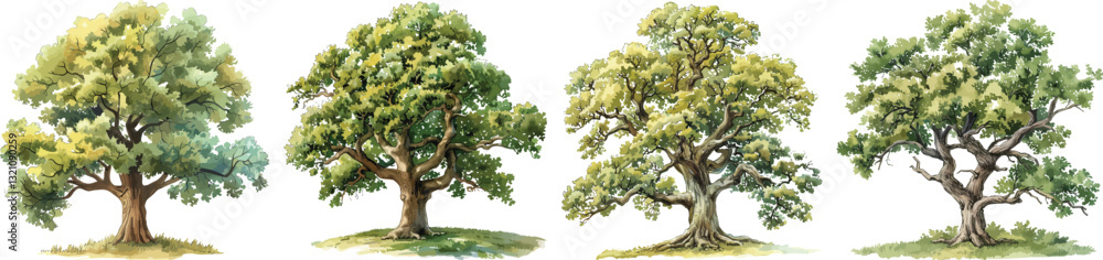 Fototapeta premium Watercolor Oak Tree Vector Illustration Set on White Background