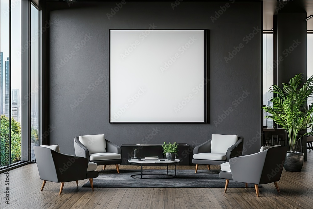 Modern lounge area with large blank canvas