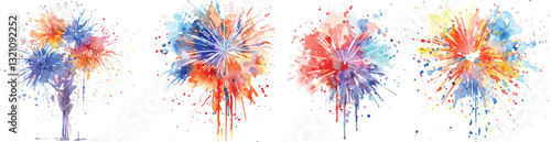 Watercolor Fireworks Vector Illustration on White Background