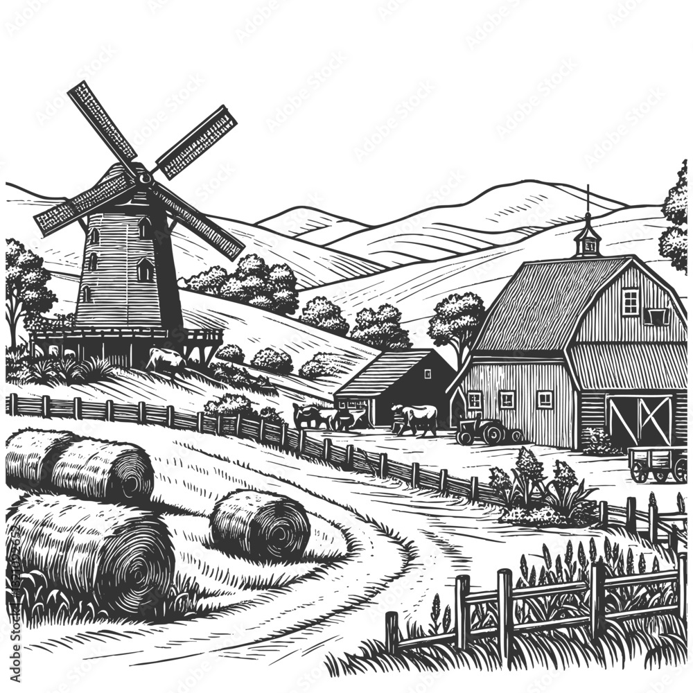 Fototapeta premium Scenic Farm Landscape vector illustration