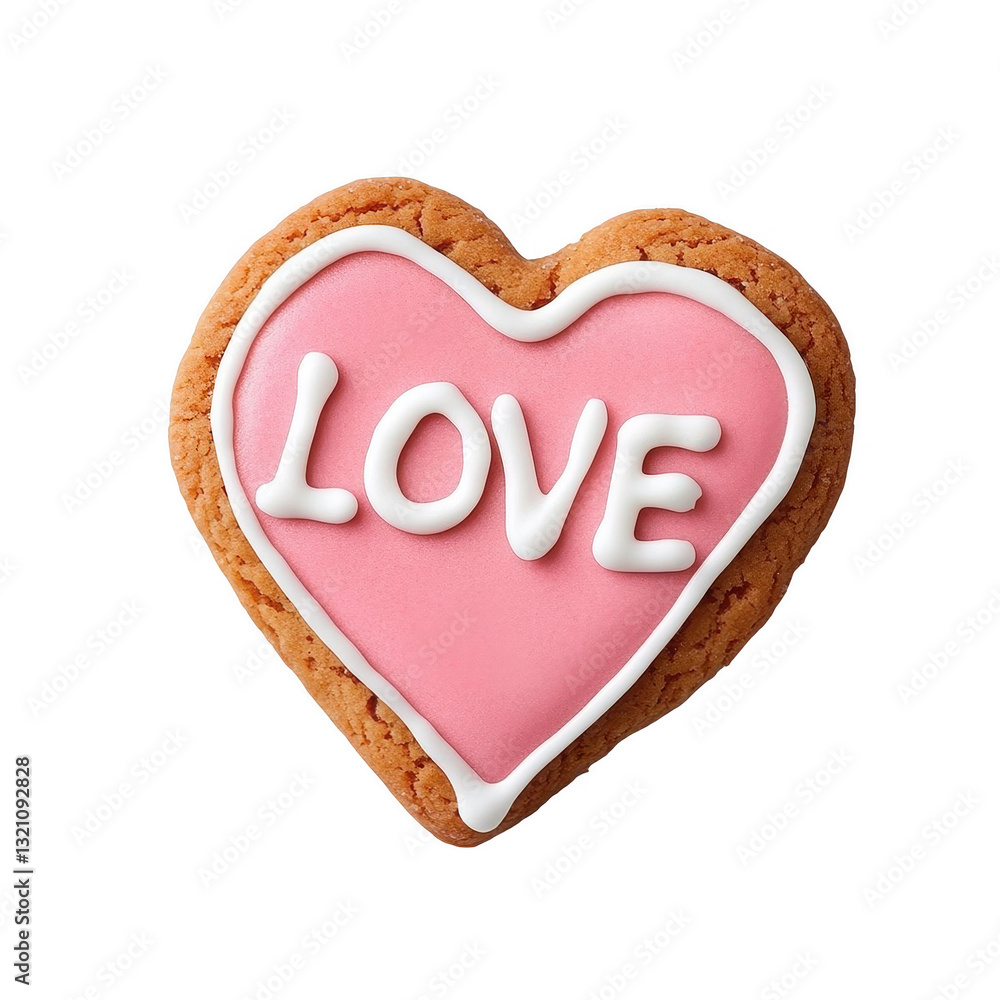 Heart-shaped cookie decorated with pink icing and the word love, ideal for celebrations, events, or sweet treats Heart-shaped cookie decorated with pink icing and the word love, ideal for celebrations, events, or sweet treats