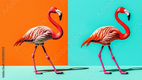 Two flamingo toys on a vibrant orange and blue background, radiating joy and optimism.