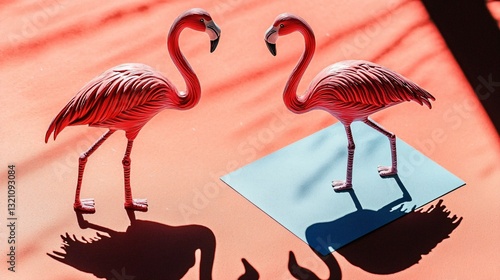 Two flamingo toys on a vibrant orange and blue background, radiating joy and optimism.