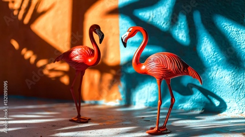 Two flamingo toys on a vibrant orange and blue background, radiating joy and optimism.
