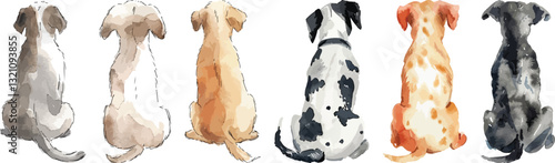 Dog Breeds Sitting Back View Watercolor Vector Illustration